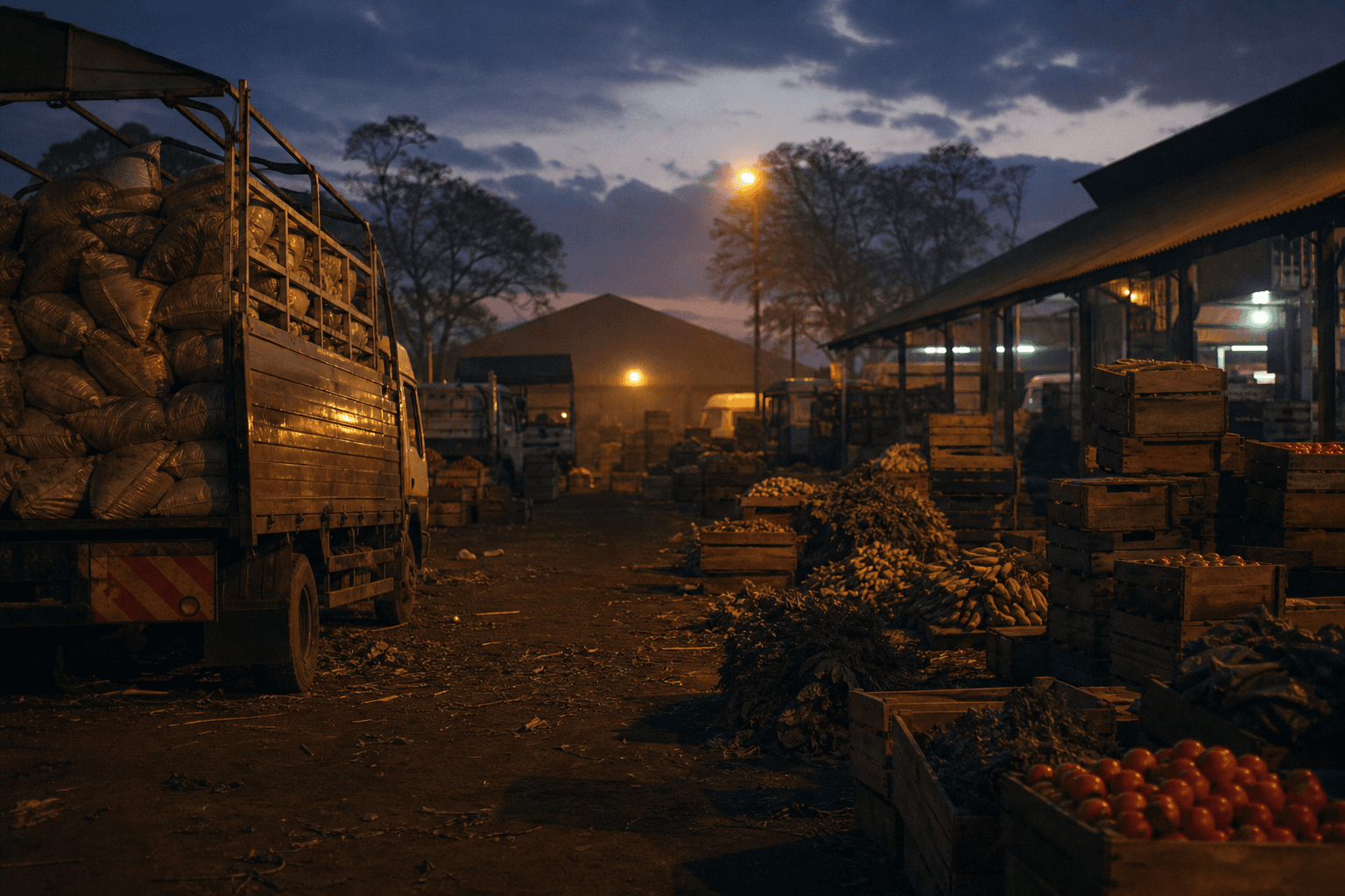 Stock photograph of a Nairobi produce yard at dawn