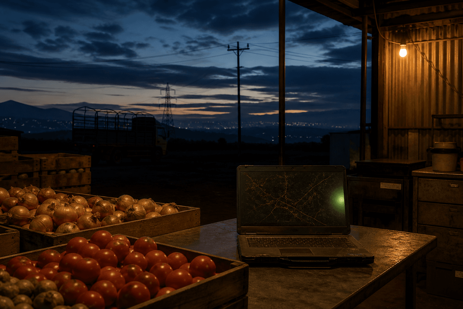 Stock photograph of a packing shed laptop beside harvest crates at dawn
