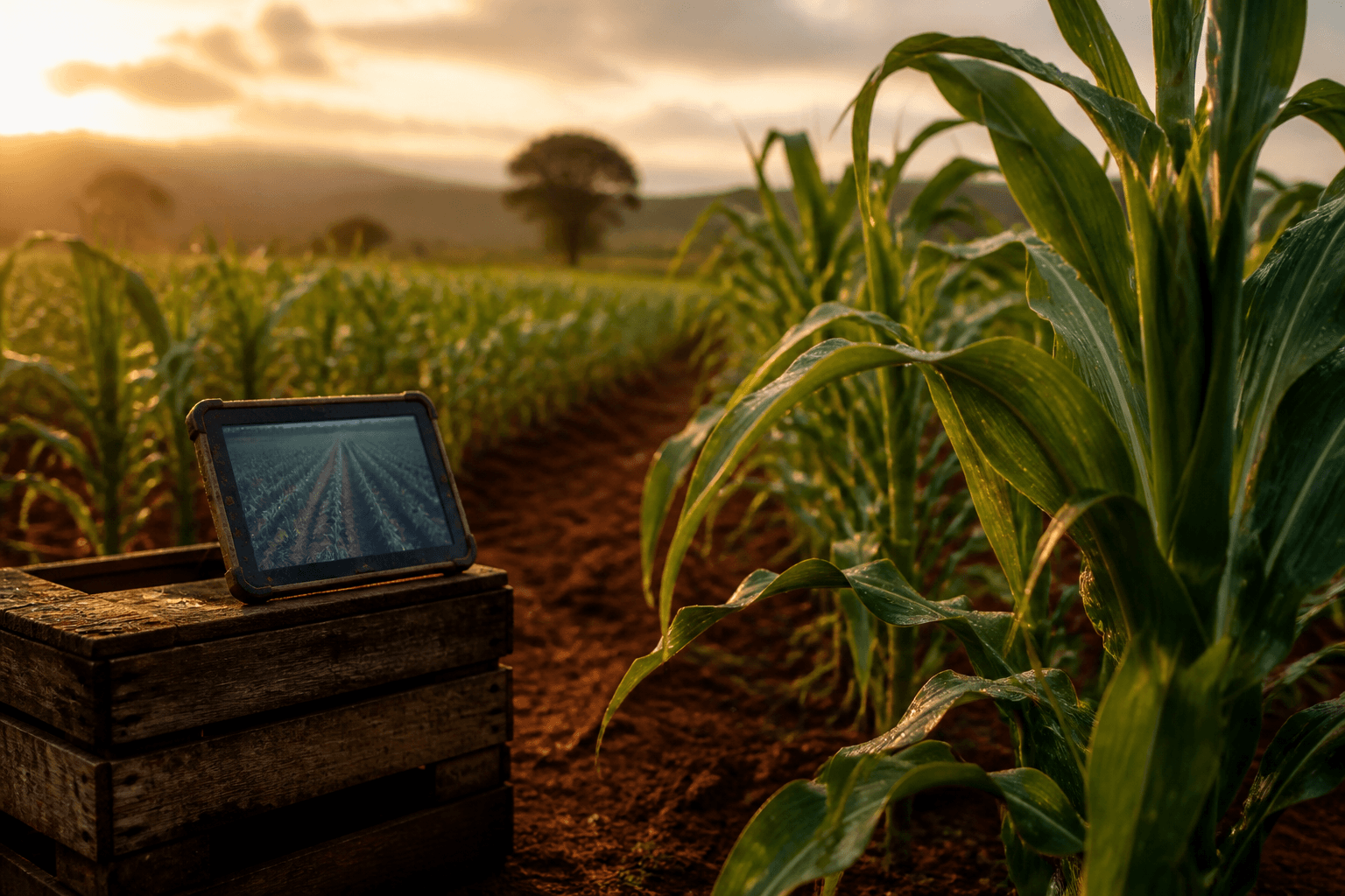 Dawn maize rows on a Kenyan shamba — AkiliFarm